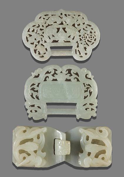 Appraisal: Three nephrite carvings The first a two-sectioned belt buckle with