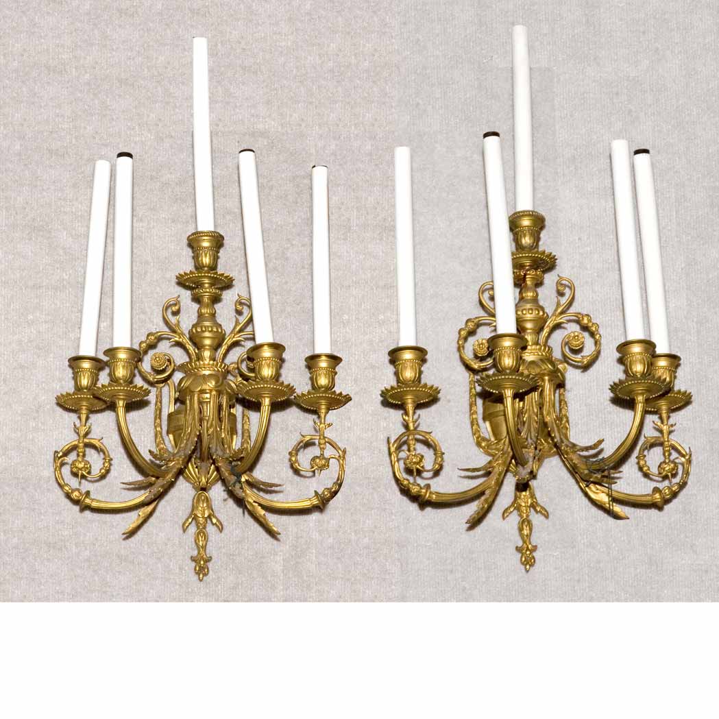 Appraisal: Pair of French Gilt-Bronze Five-Light Sconces Height inches C Estate