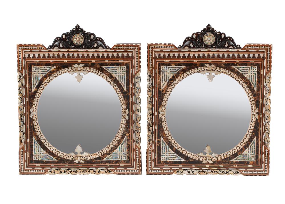 Appraisal: Pair of Moorish-Style Mother-of-Pearl Inlaid Mirrors pedimented crest reticulated stiles