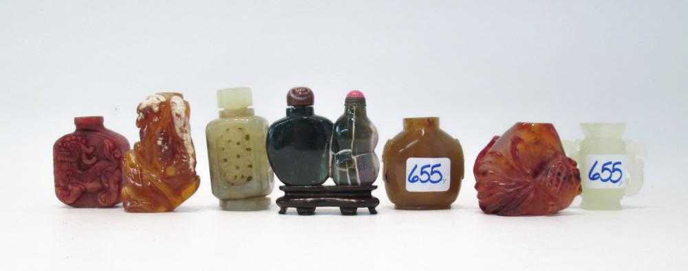 Appraisal: SEVEN CHINESE CARVED STONE SNUFF BOTTLES in various forms such