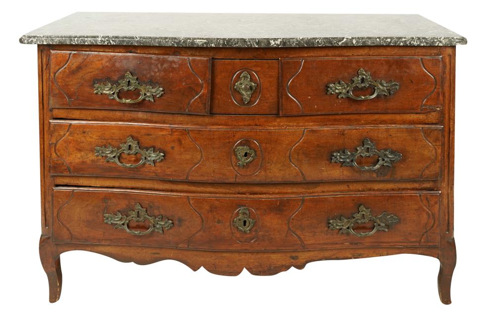 Appraisal: REGENCE WALNUT COMMODEwith grey stone top over three short drawers