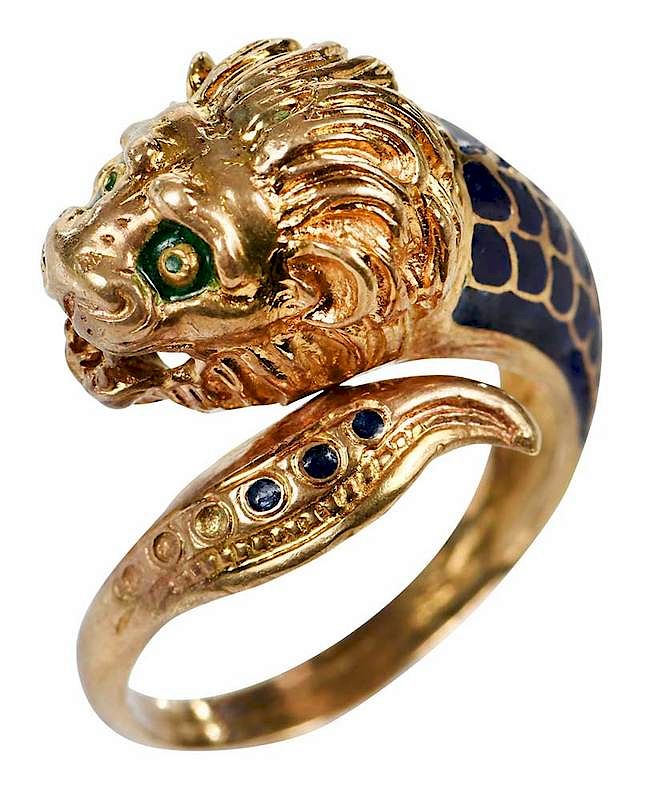 Appraisal: kt Gold Lion Head Ring blue and green enamel stamped