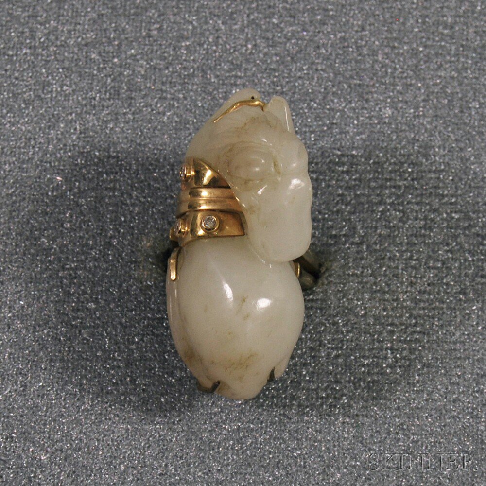 Appraisal: kt Gold Diamond and Carved Jade Horse Ring the pale