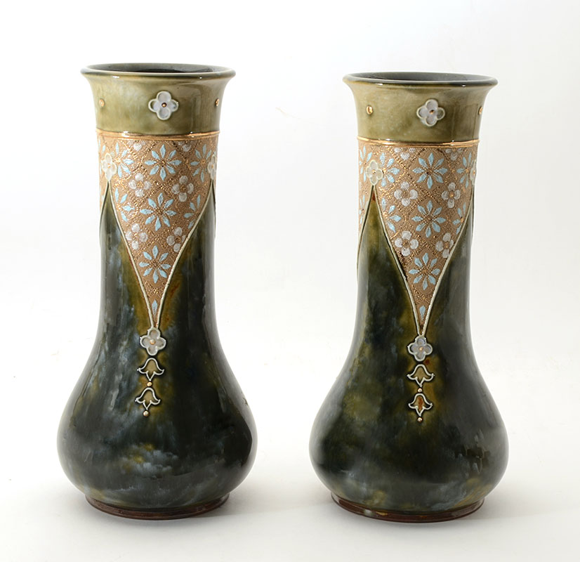 Appraisal: PAIR ROYAL DOULTON TAPESTRY VASES Circa - mottled green glaze