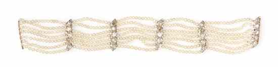 Appraisal: An Edwardian Platinum Topped Gold Diamond and Pearl Multistrand Bracelet