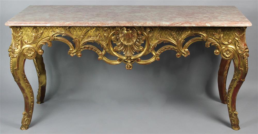 Appraisal: ITALIAN ROCOCO STYLE CARVED GILT WOOD AND MARBLE CONSOLE TABLE