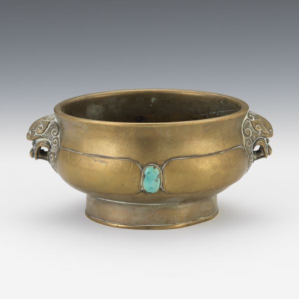 Appraisal: CHINESE BRONZE AND TURQUOISE BEJEWELLED INCENSE BURNER XUANDE SEAL-MARK x