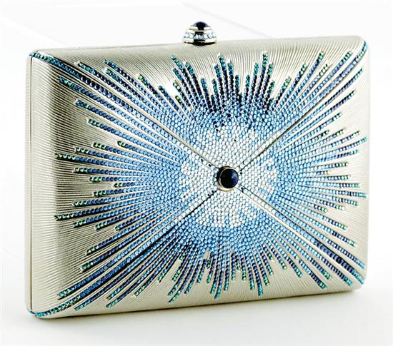 Appraisal: Judith Leiber Starburst minaudiere blue and green crystal-studded silver cushion-form