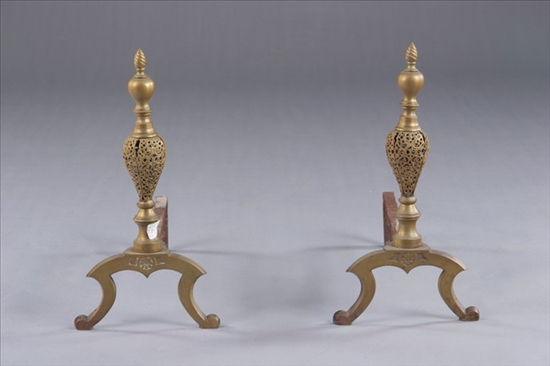 Appraisal: PAIR BRASS BALL-TOP AND PIERCED BALUSTER ANDIRONS Late th century