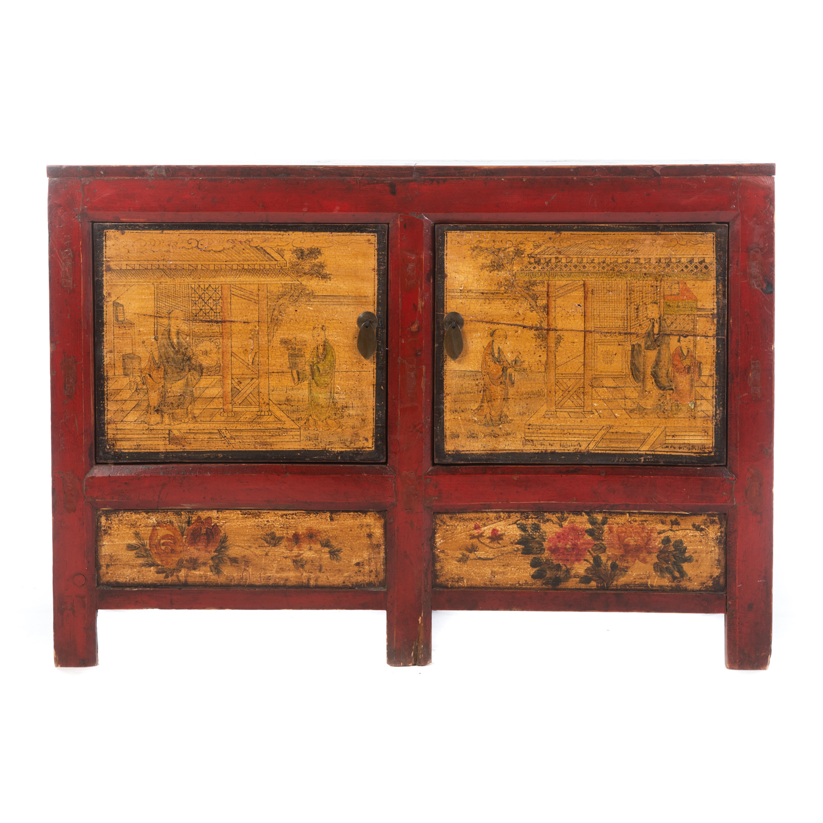 Appraisal: CHINESE RED LACQUERED WOOD CABINET Elm construction with hand painted