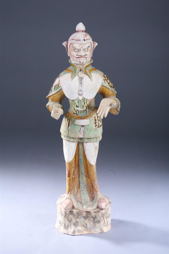 Appraisal: LARGE CHINESE SANCAI POTTERY FIGURE OF TOMB GUARDIAN Tang Dynasty