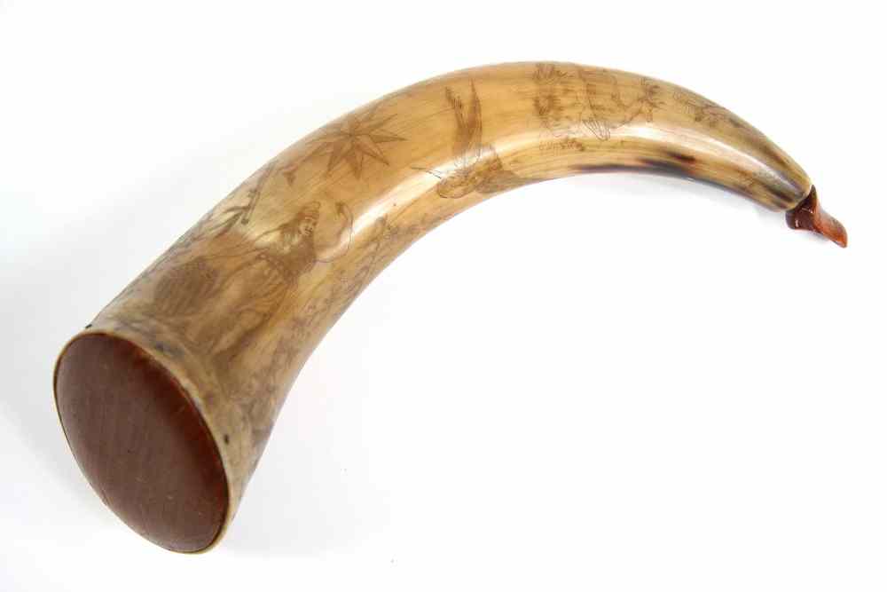 Appraisal: SCRIMSHAWN POWDERHORN - Pictorial Horn marked 'Owned and Carved by