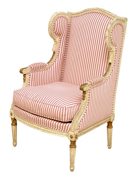 Appraisal: A TH CENTURY FRENCH PAINTED AND GILT WINGBACK CHAIR the