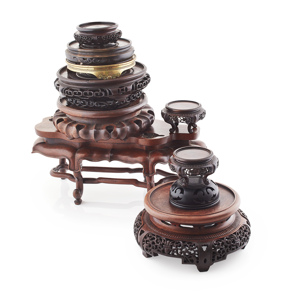 Appraisal: COLLECTION OF HARDWOOD AND BRASS STANDS AND PLATE HOLDERS comprising