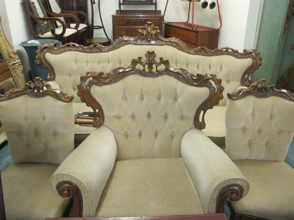 Appraisal: Reproduction upholstered lounge suit pieces and a marble topped hardwood