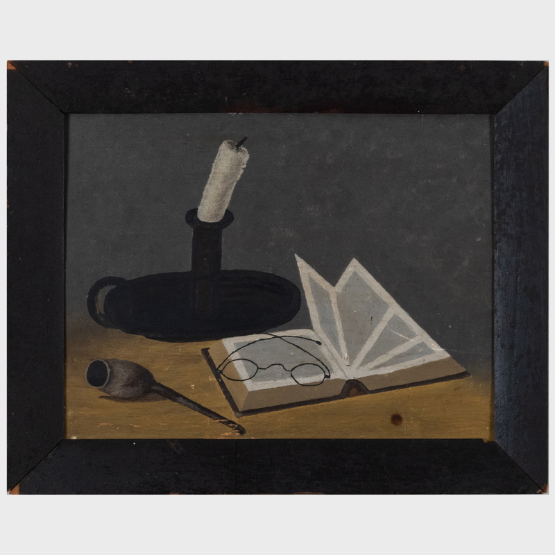 Appraisal: American School Desk Still Life Oil on board unsigned x