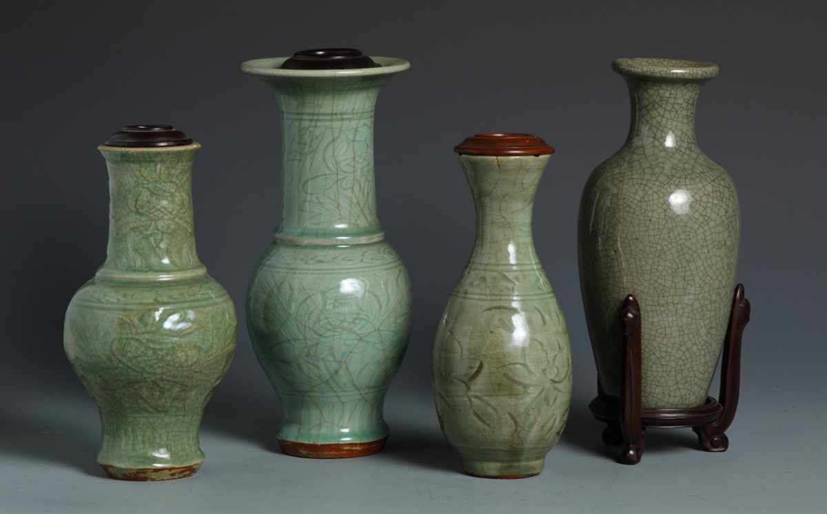 Appraisal: Celadon Vases Various cracks and some repairs Max Ht ''E