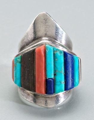 Appraisal: Sonwai inlaid silver ring turquoise sugilite coral and ironwood inlay