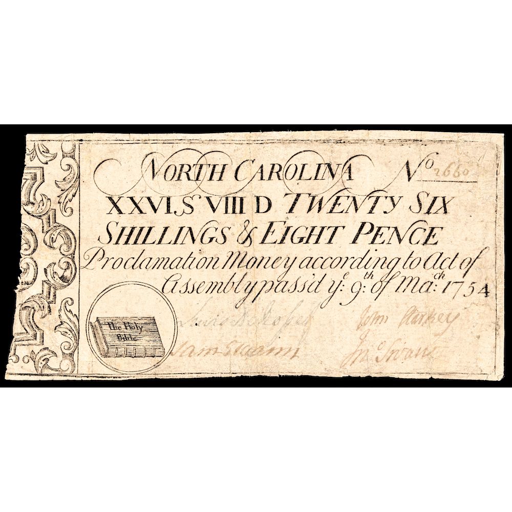 Appraisal: Colonial Currency Note North Carolina March The Holy Bible Vignette