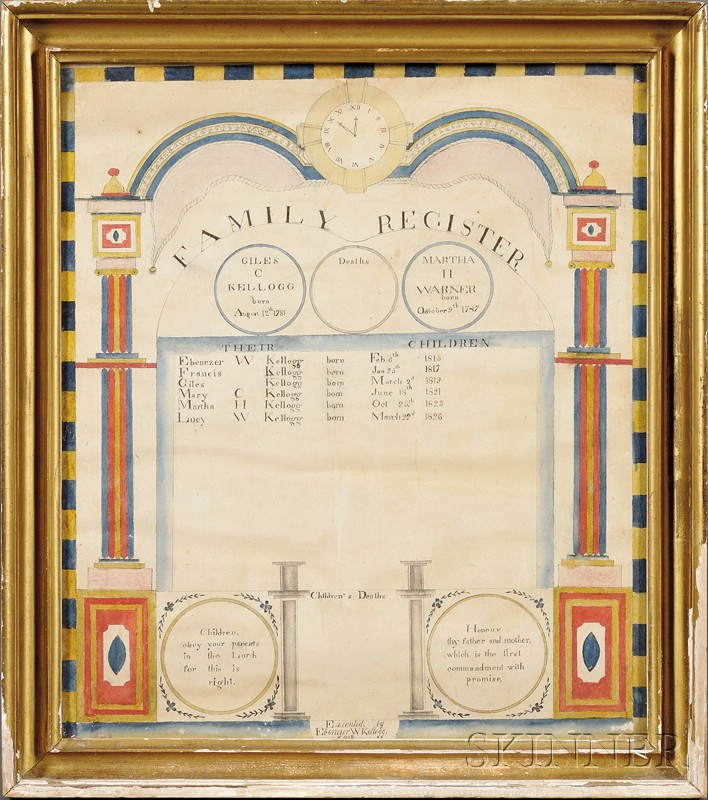 Appraisal: Framed Watercolor Kellogg Family Register of Hadley Massachusetts Executed by