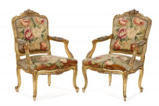 Appraisal: Pair Louis XV Giltwood Needlepoint Fauteuils French mid to late