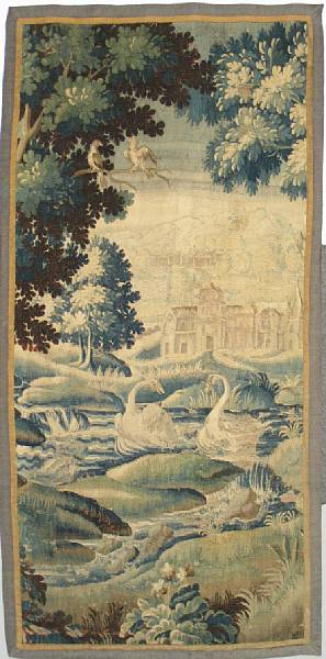 Appraisal: A Baroque verdure tapestry fragment th century Depicting two swans