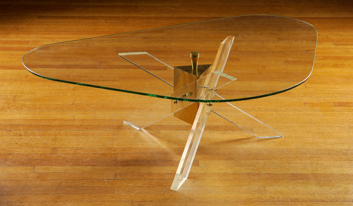 Appraisal: CHARLES HOLLIS JONES LUCITE BRASS GLASS COFFEE TABLE Splayed Lucite