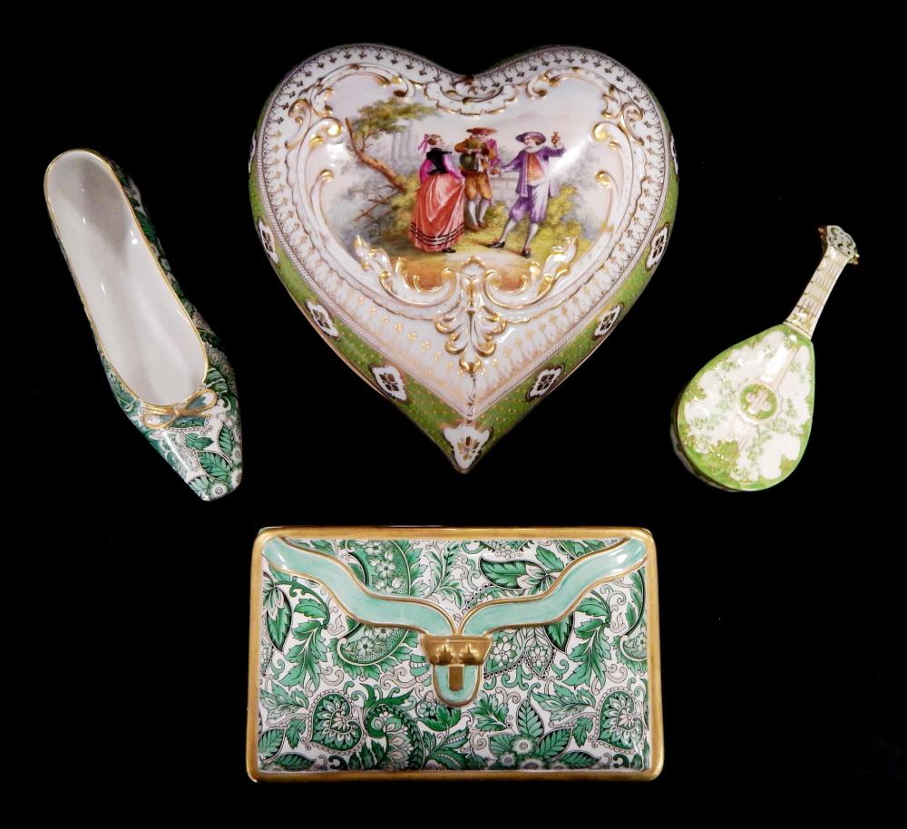 Appraisal: Continental porcelain four pieces including RK Dresden heart shaped box