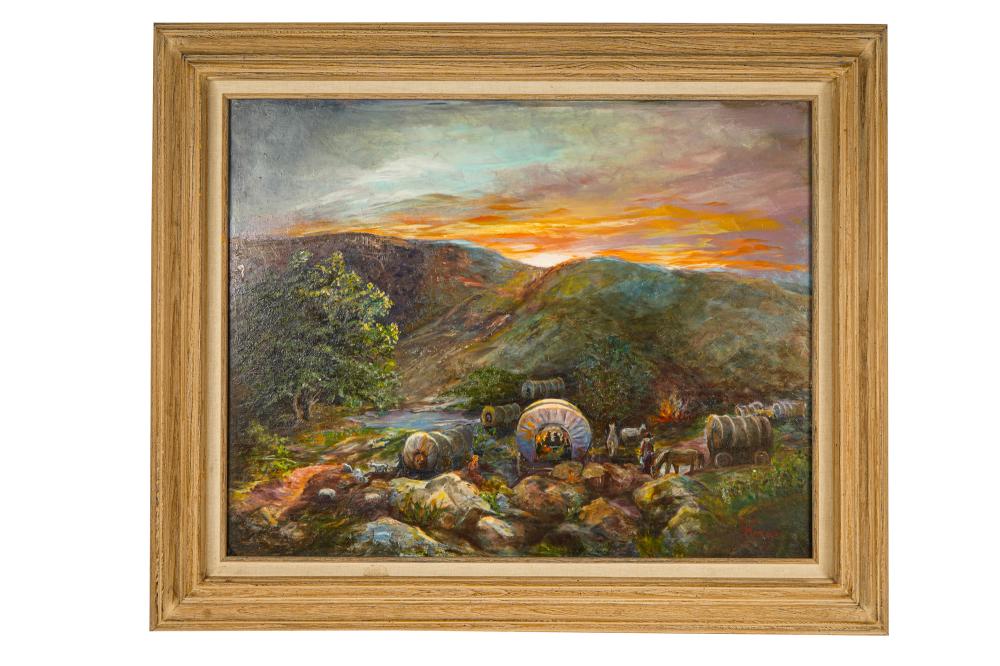 Appraisal: ELEANOR MAXSOM WAGON TRAIN AT SUNSET oil on board signed