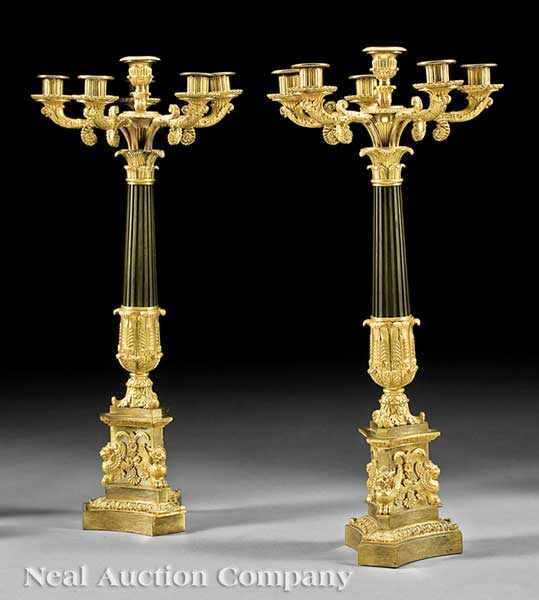 Appraisal: A Pair of French Patinated and Gilt Bronze Six-Light Candelabra