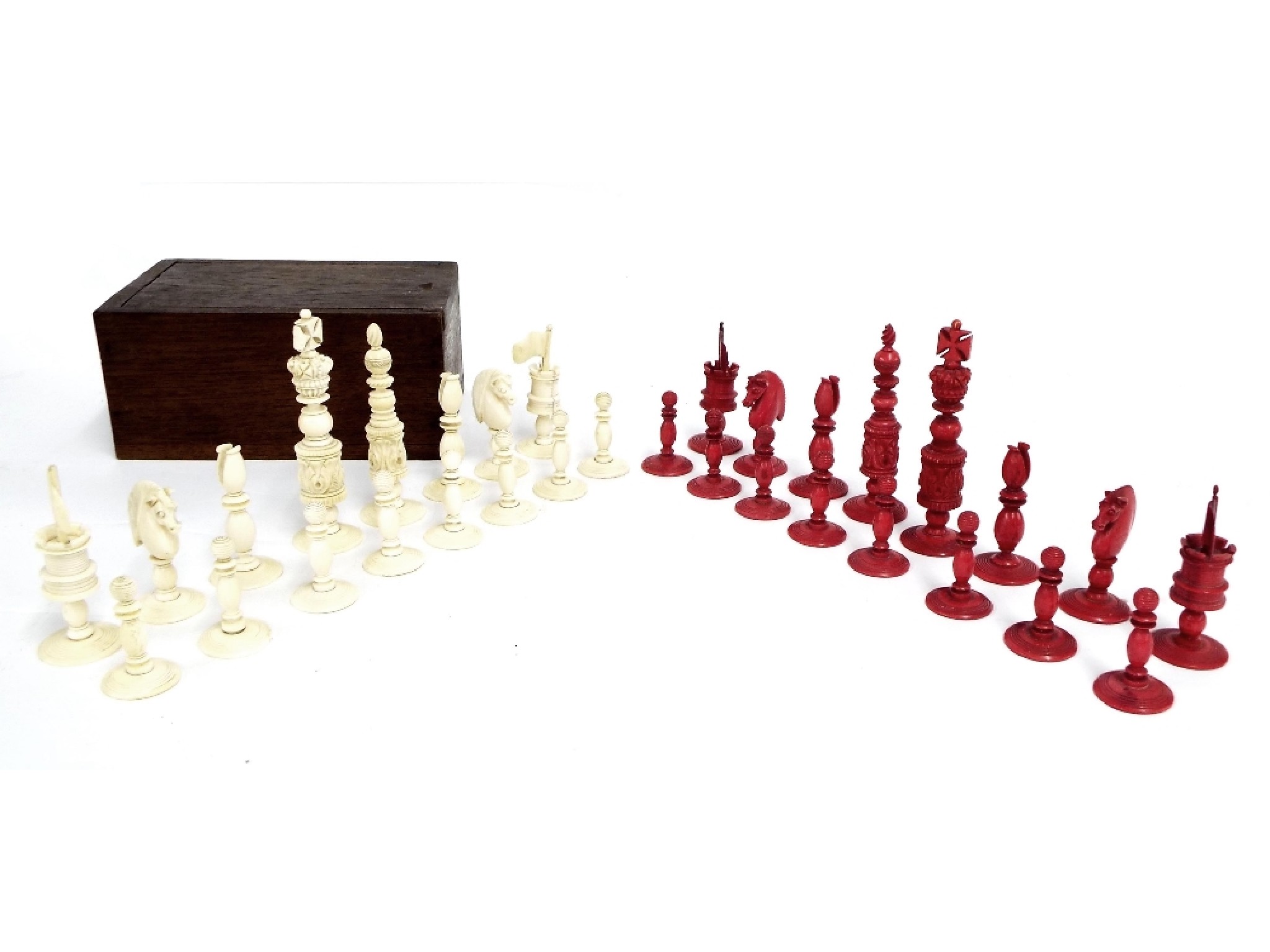 Appraisal: th century ivory chess set and box height of king