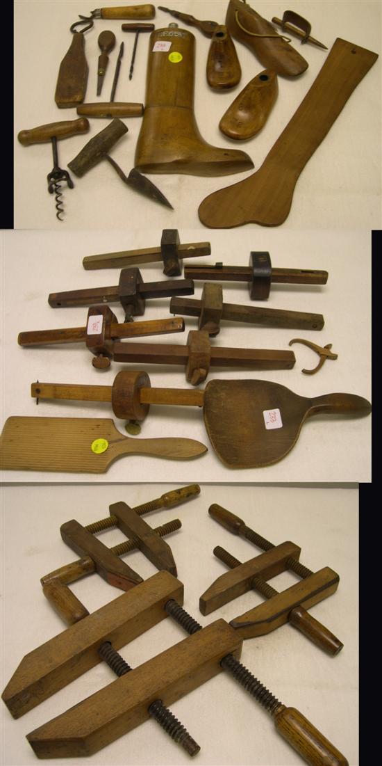 Appraisal: th C wooden implements including measuring gauges shoe and boot