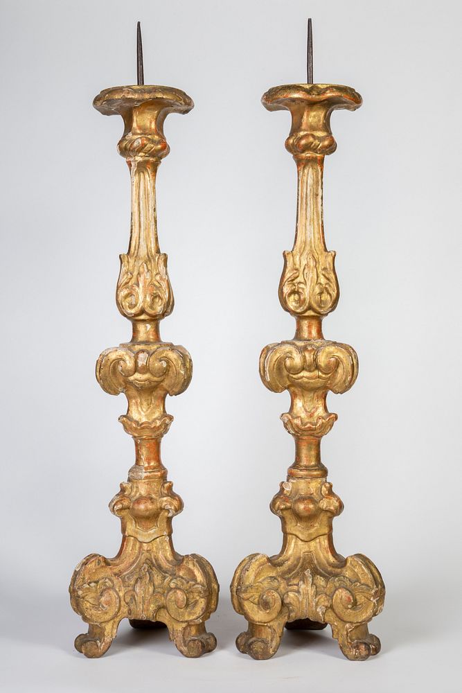 Appraisal: Italian Pair of Large Carved Wood Gilt Candlesticks th Century