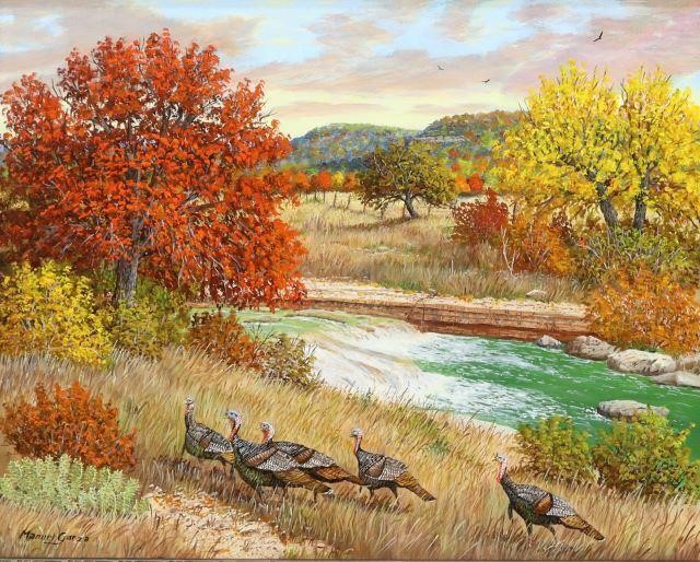 Appraisal: Framed oil on canvas painting Autumn Wild Turkeys signed lower