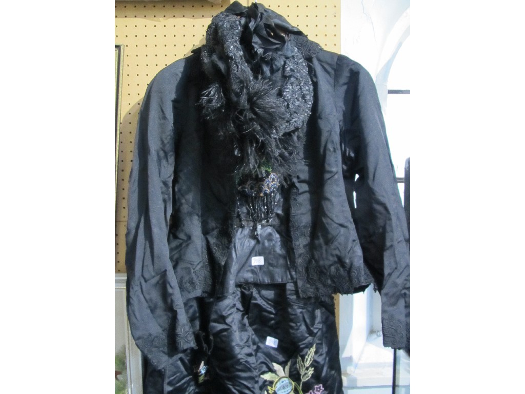 Appraisal: Victorian embroidered black silk skirt jacket hat and beadwork purse