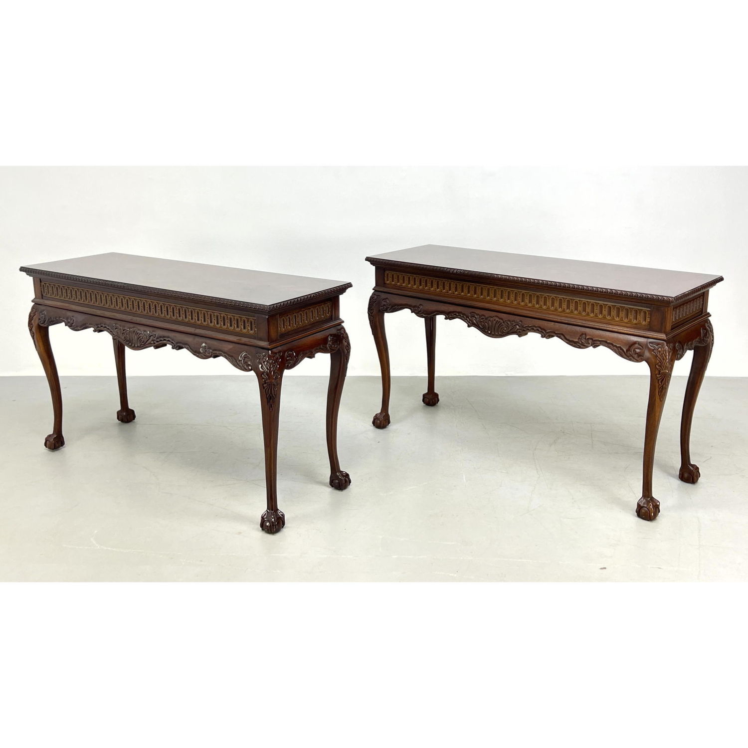 Appraisal: Pair Maitland Smith Mahogany Sofa Console Tables Ball and Claw