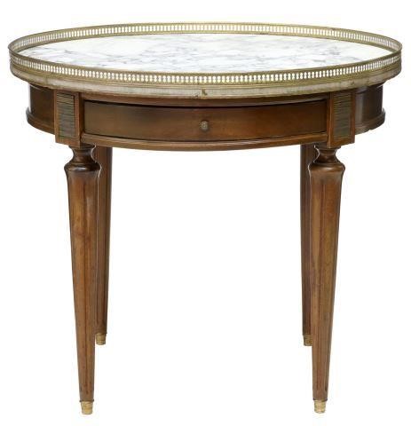 Appraisal: French Louis XVI style marble-top mahogany bouillotte table early th