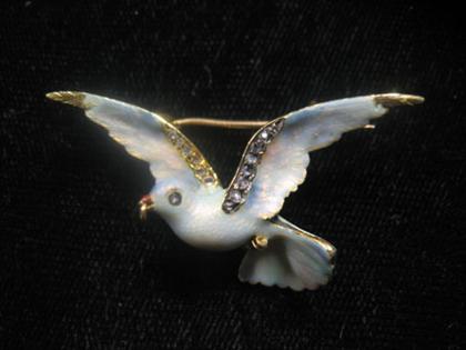 Appraisal: Enameled gold and diamond love bird small chatelaine pin first