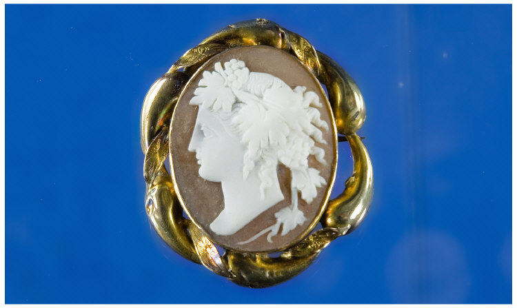 Appraisal: Gilt Mounted Shell Cameo Showing A Classical Greek Goddess The