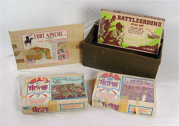 Appraisal: TRUNK WITH VINTAGE ACTION PLAY SETS Includes Marx Battleground Mark