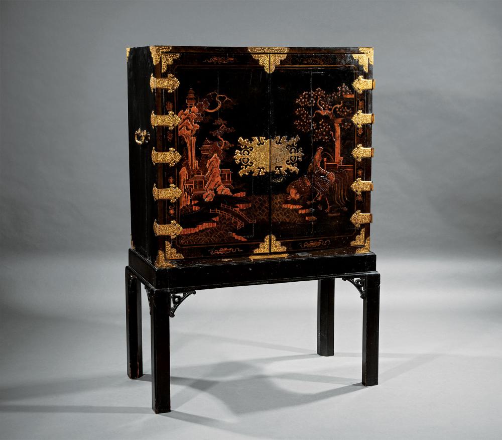 Appraisal: Antique Chinoiserie Black Lacquer Chest on Stand foliate strapwork hinges