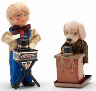 Appraisal: Two Vintage Wind-Up Magician Toys Including Triksie Magician Dog Japan