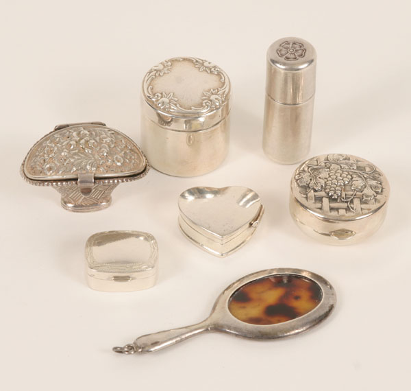 Appraisal: Sterling silver pill boxes and mirror the English mirror with