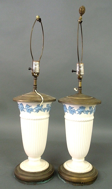 Appraisal: - Pair of cream Wedgwood table lamps with blue grapevine