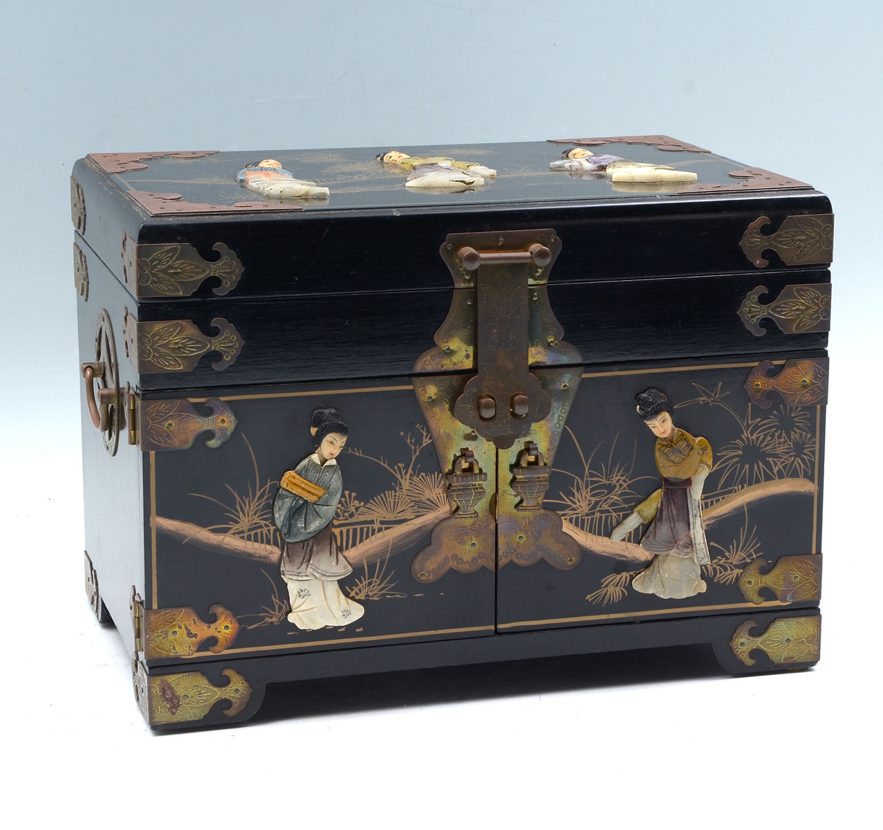 Appraisal: CHINESE HARDSTONE FIGURAL JEWELRY BOX Black lacquered Chinese jewelry box