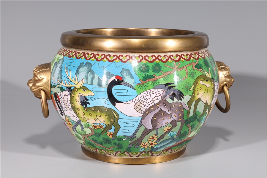 Appraisal: Large Chinese cloisonne enameled jardiniere with animal designs lion mask