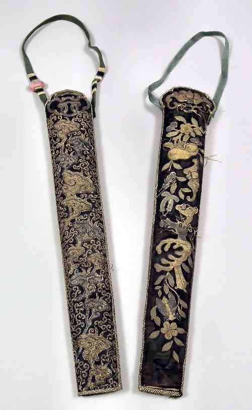 Appraisal: Two Chinese black silk covered and embroidered chopstick holders ins