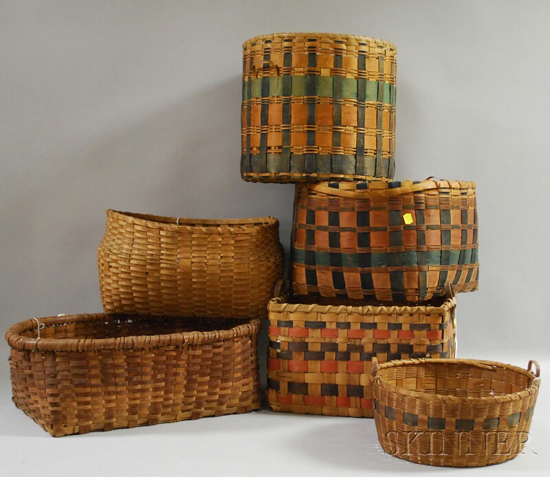 Appraisal: Six Woven Splint Open Baskets four with painted decoration imperfections