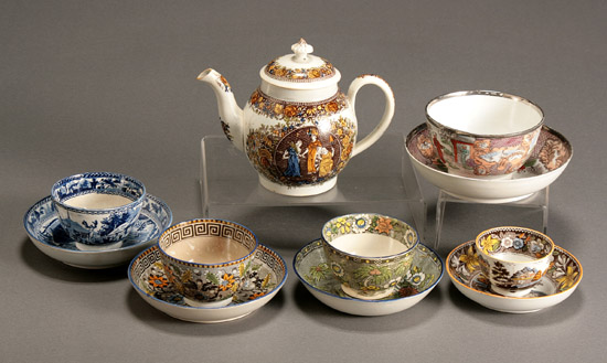 Appraisal: Group of Five English Pearlware Transfer-Decorated Cups and Saucers and