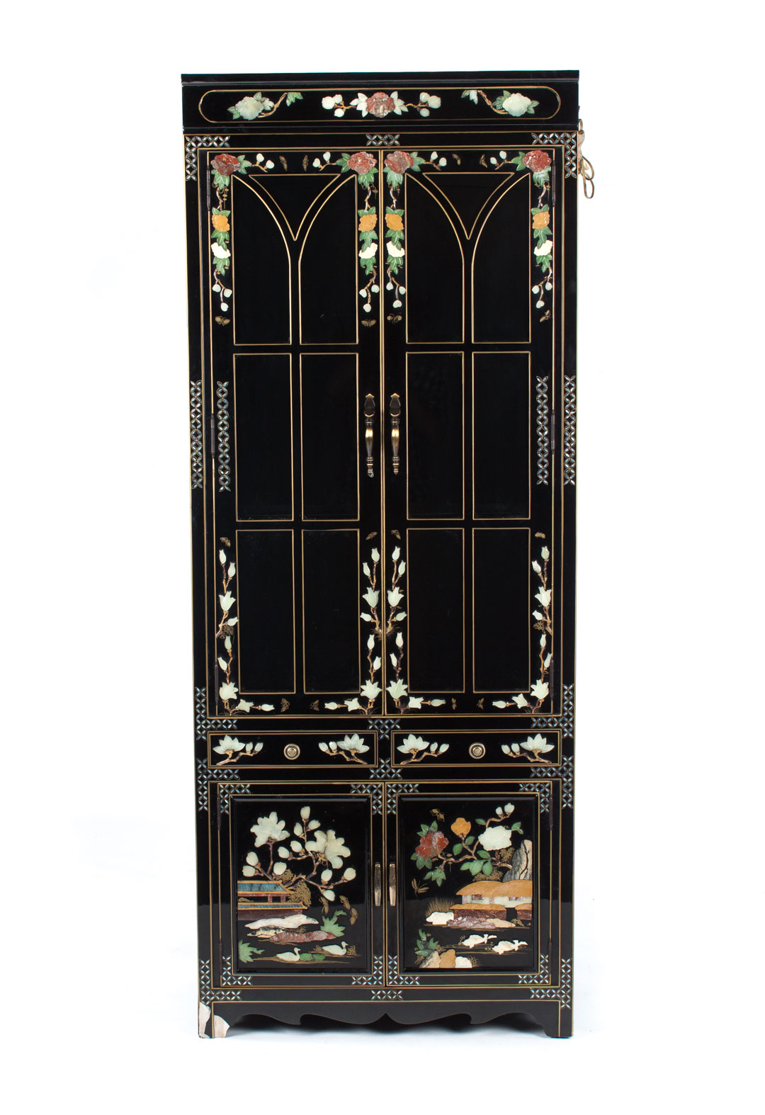 Appraisal: Chinese hardstone mounted ebonized china cupboard th century flat top